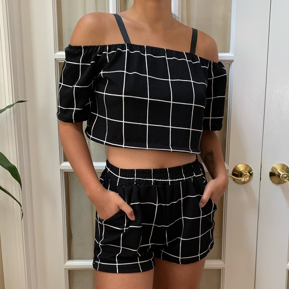 off the shoulder crop top and shorts two piece set